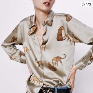 Zara Beige Leopard Print Long-sleeve Top Size XS #861